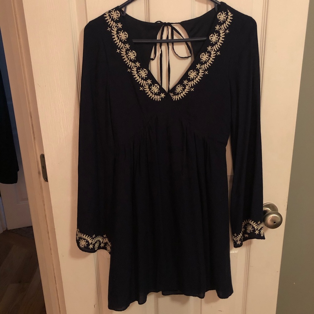 Navy Cream Long Sleeve Women’s Embroidered Dress